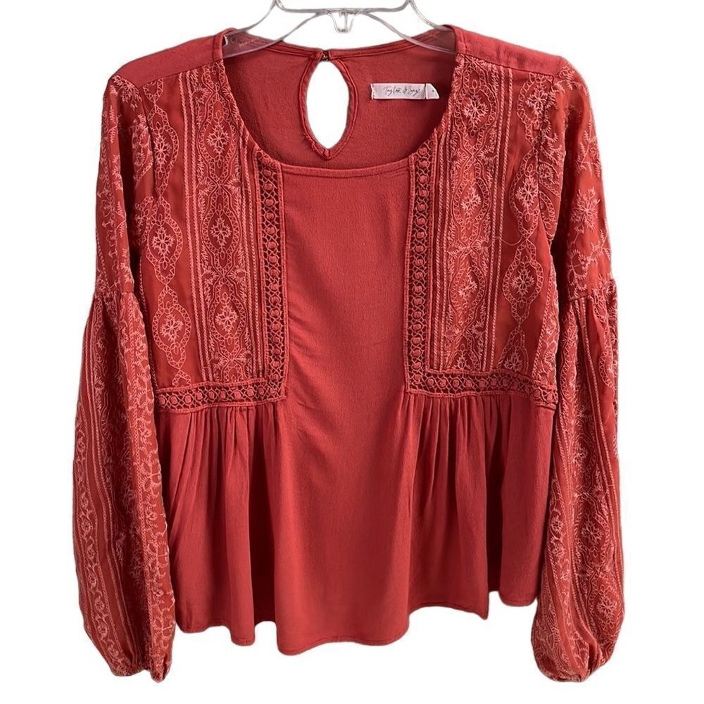 TAYLOR & SAGE Cottagecore Peasant Style Embroidered Flowy Orange Top Size S